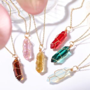 Copper Wire Wrapped Pendant Crystal Necklace