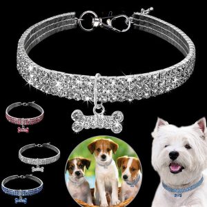 3-Row Rhinestone Elastic Pet Collar for Dogs and Cats